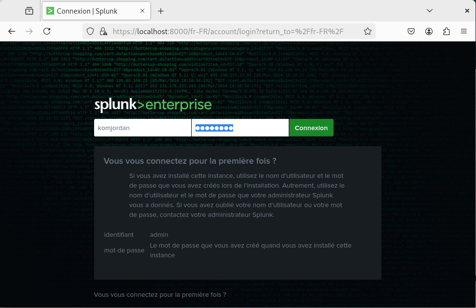 Page de connexion Splunk
