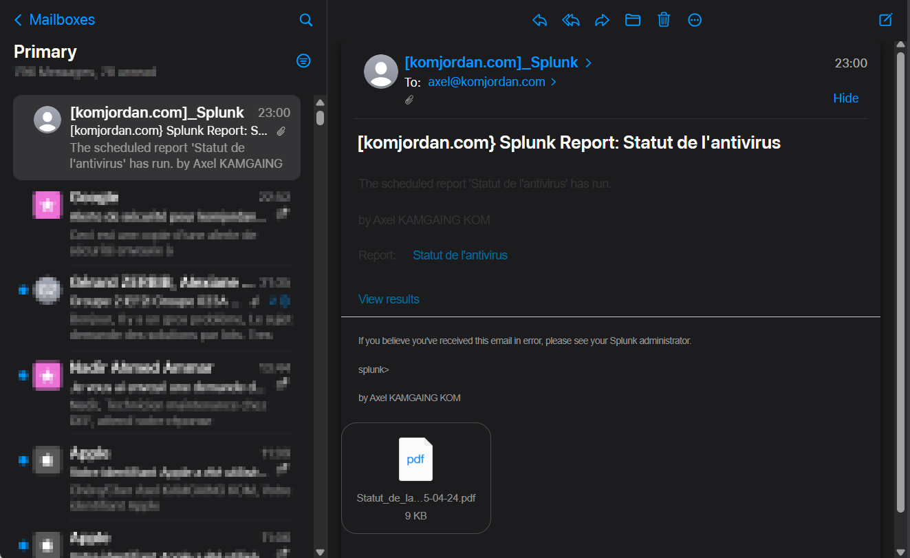 Rapport reçu par mail
