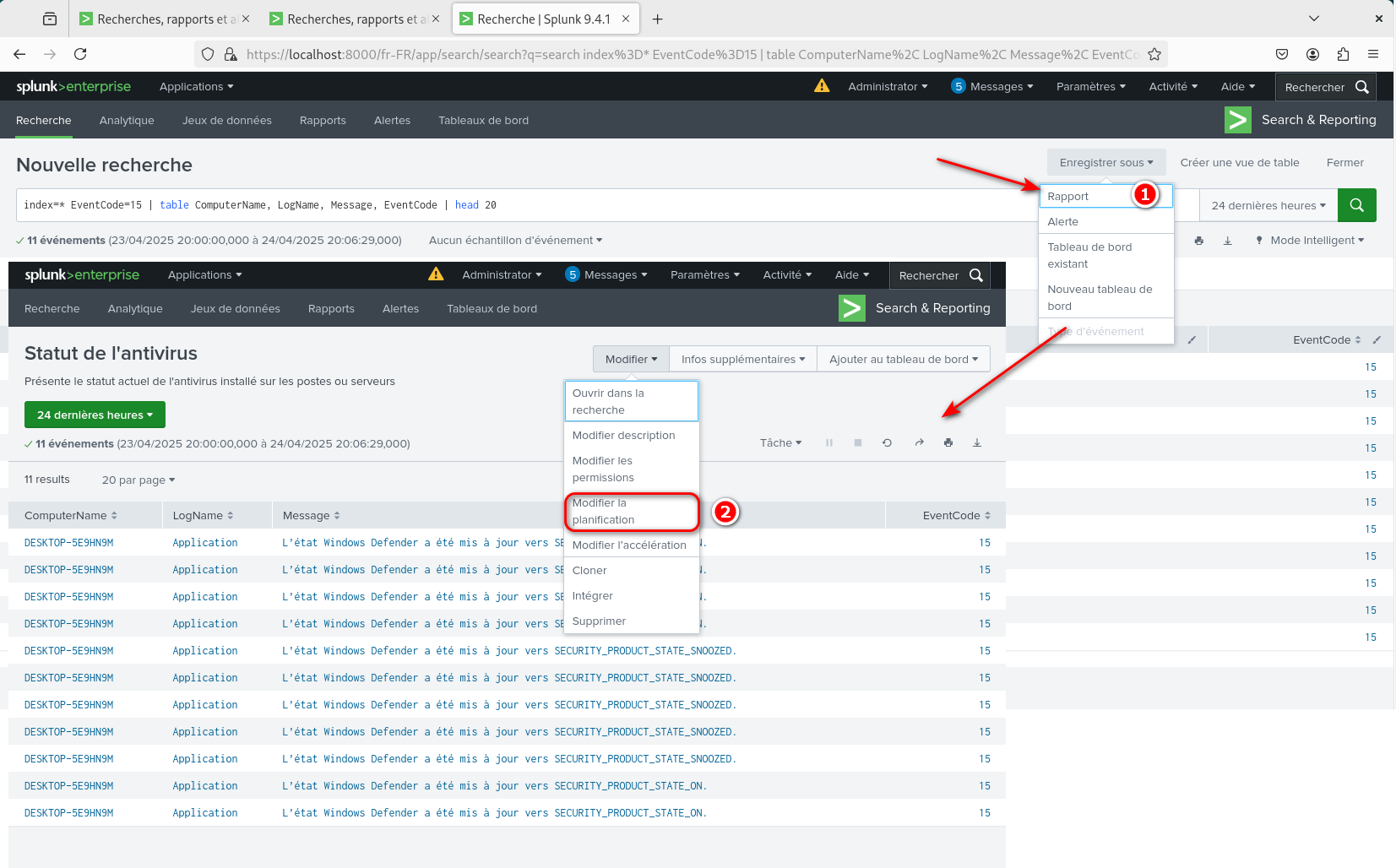 Planification d'un rapport Splunk