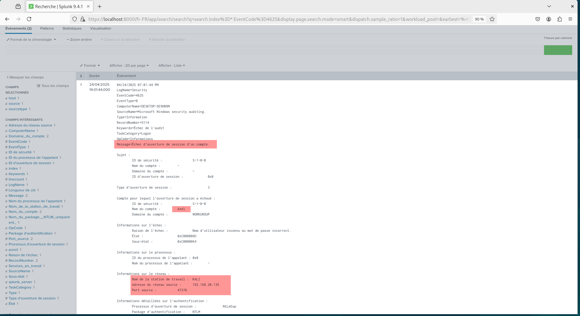 Recherche index=* EventCode=4625