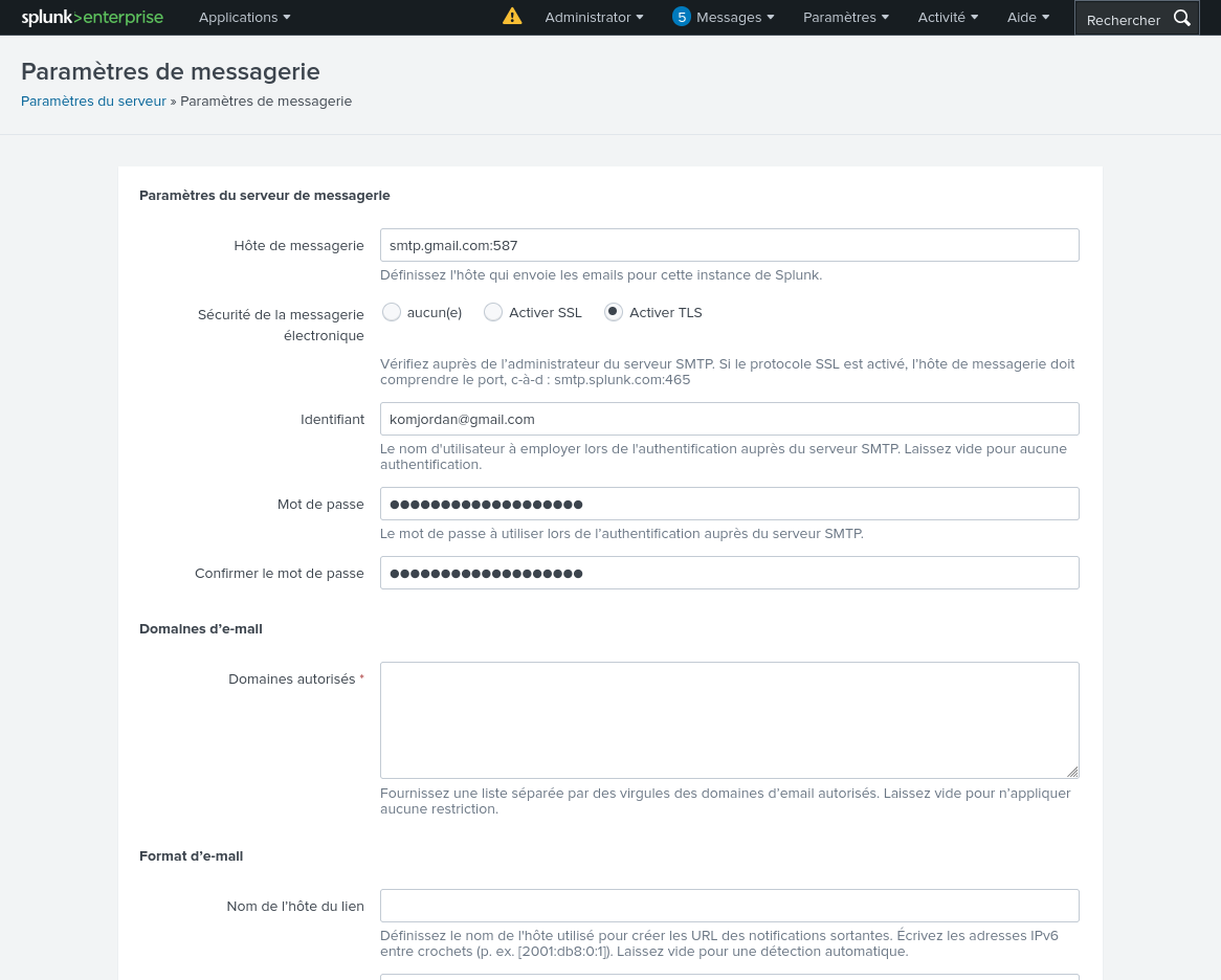 Configuration des paramètres de messagerie